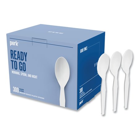 PERK EcoID Mediumweight Compostable Cutlery, Teaspoon, White, 300PK PK56203